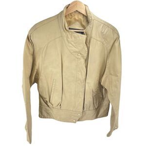 Vintage Tarazzia Womens Leather Jacket Moto Full Zip Crop Cream Beige Large